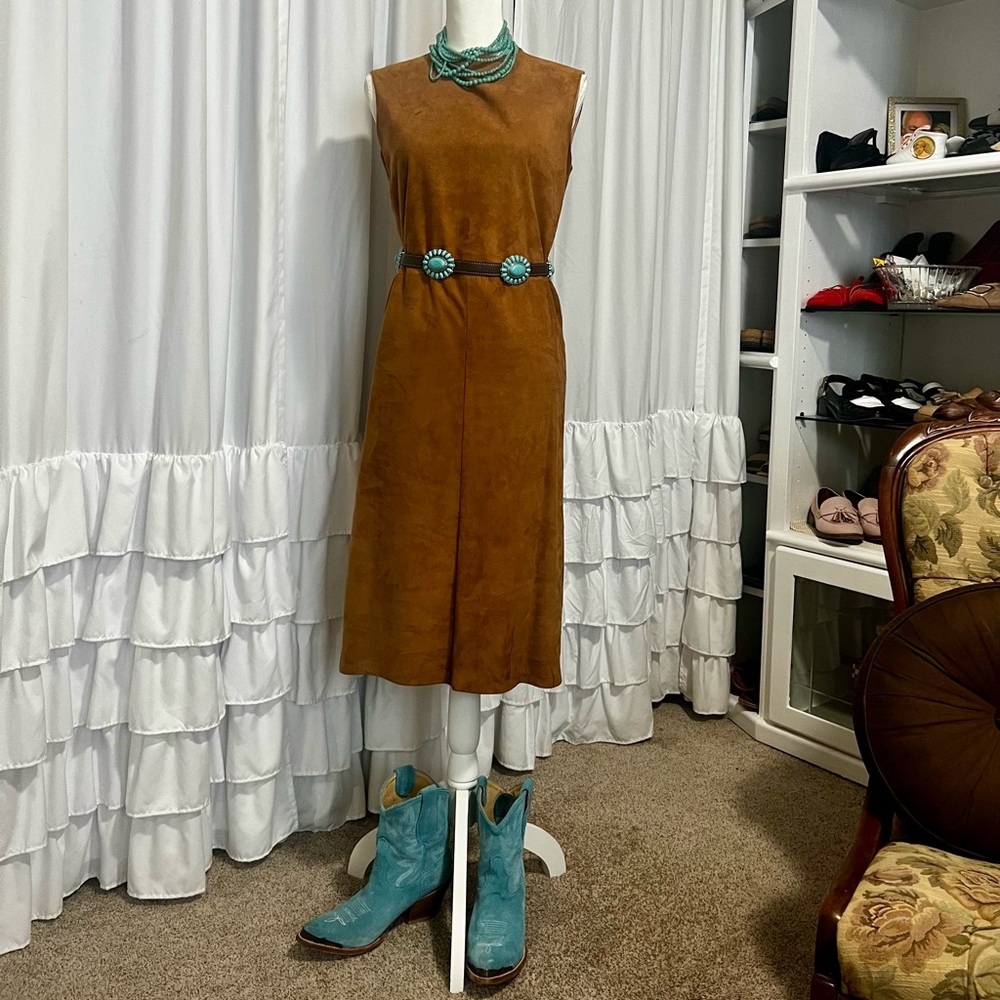 Vintage Brown Neiman Marcus Suede Leather dress! tie waist! Midi